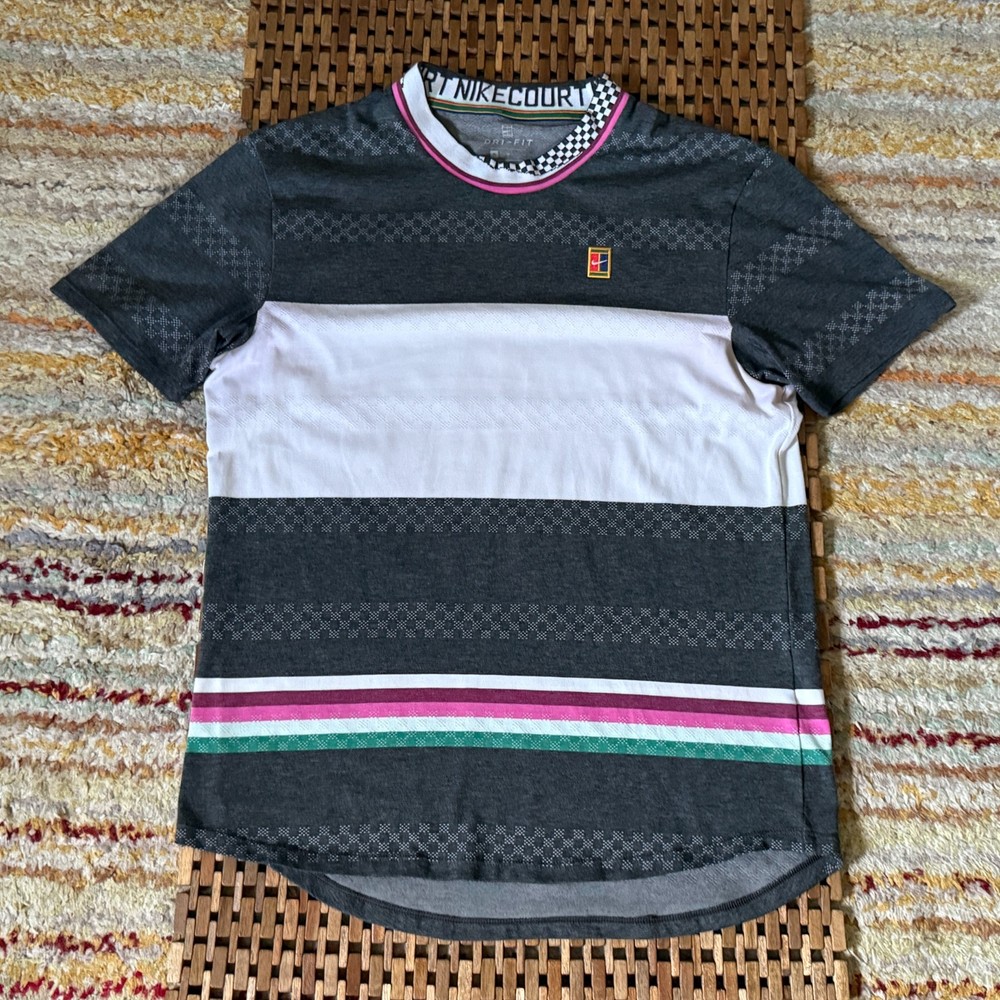 Nike Challenge Court Striped Crew Neck Tee T Shirt Grey White Pink Medium M