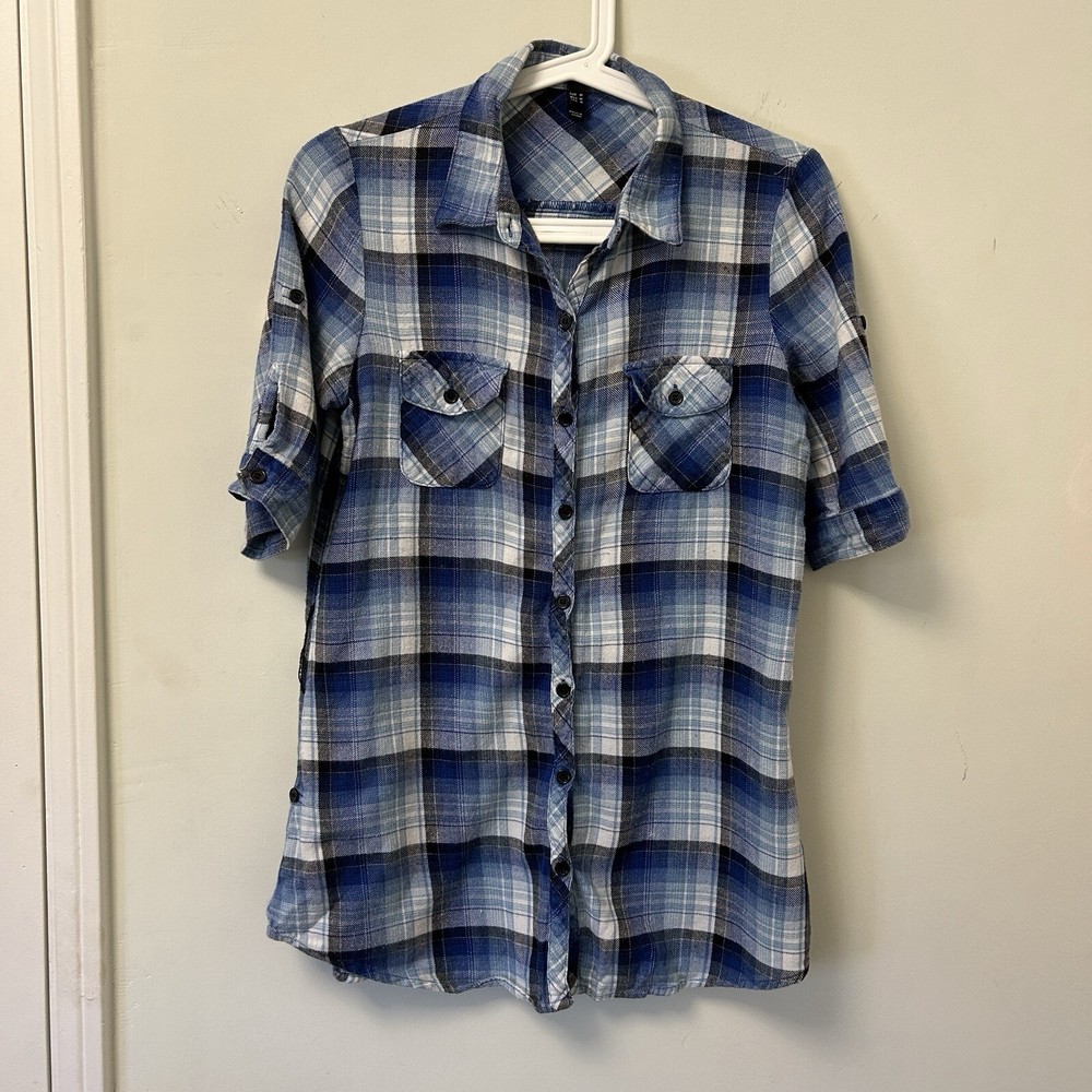 Fang Women's Flannel Plaid Button Shirt Top Small S Blue Rolled Short Sleeve
