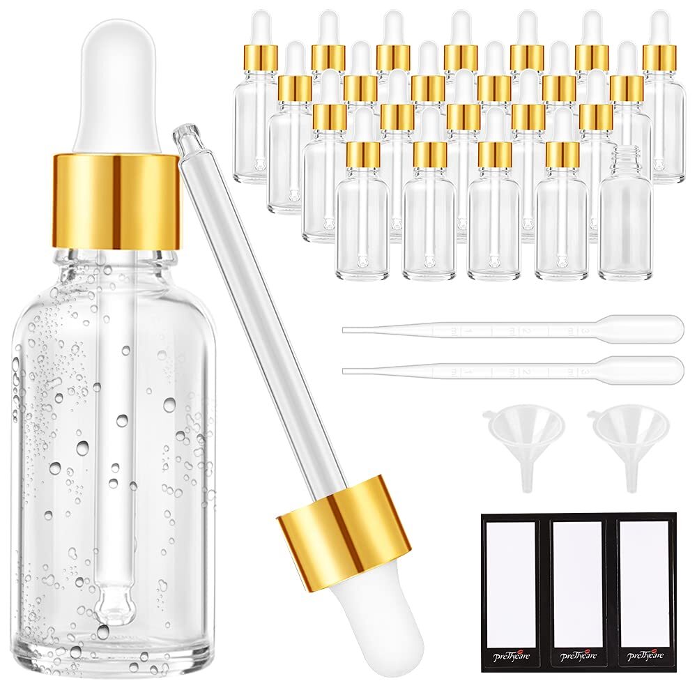 1oz Glass Dropper Bottle 24 Pack Clear Glass Bottles Empty with 2 Funnels & 2...