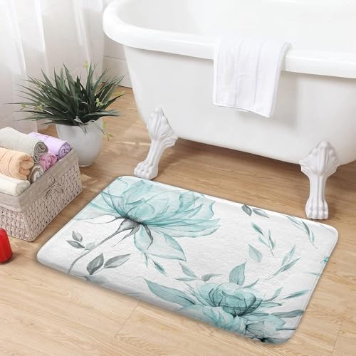 Teal Grey Watercolor Floral Bath Mat with Minimalist Flower Leaves Design