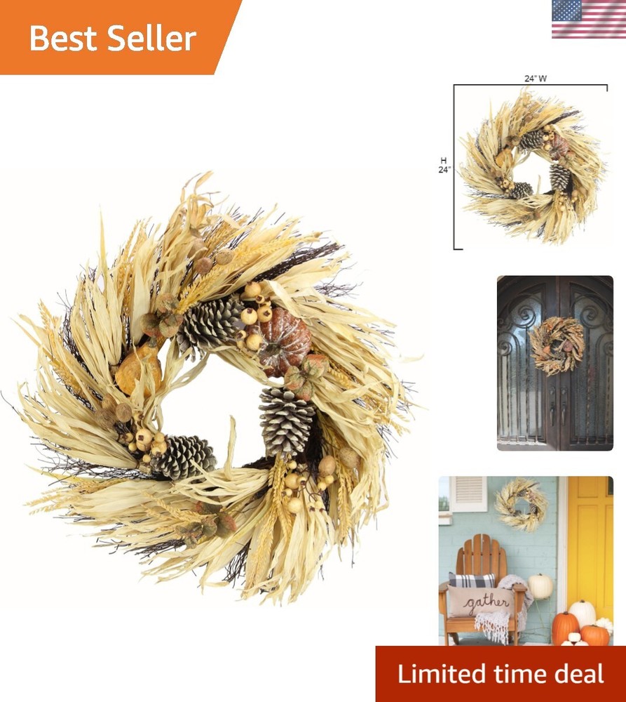 24 Inch Fall Pumpkin Wheat Berry Corn Husk Wreath for Wall or Door Decor