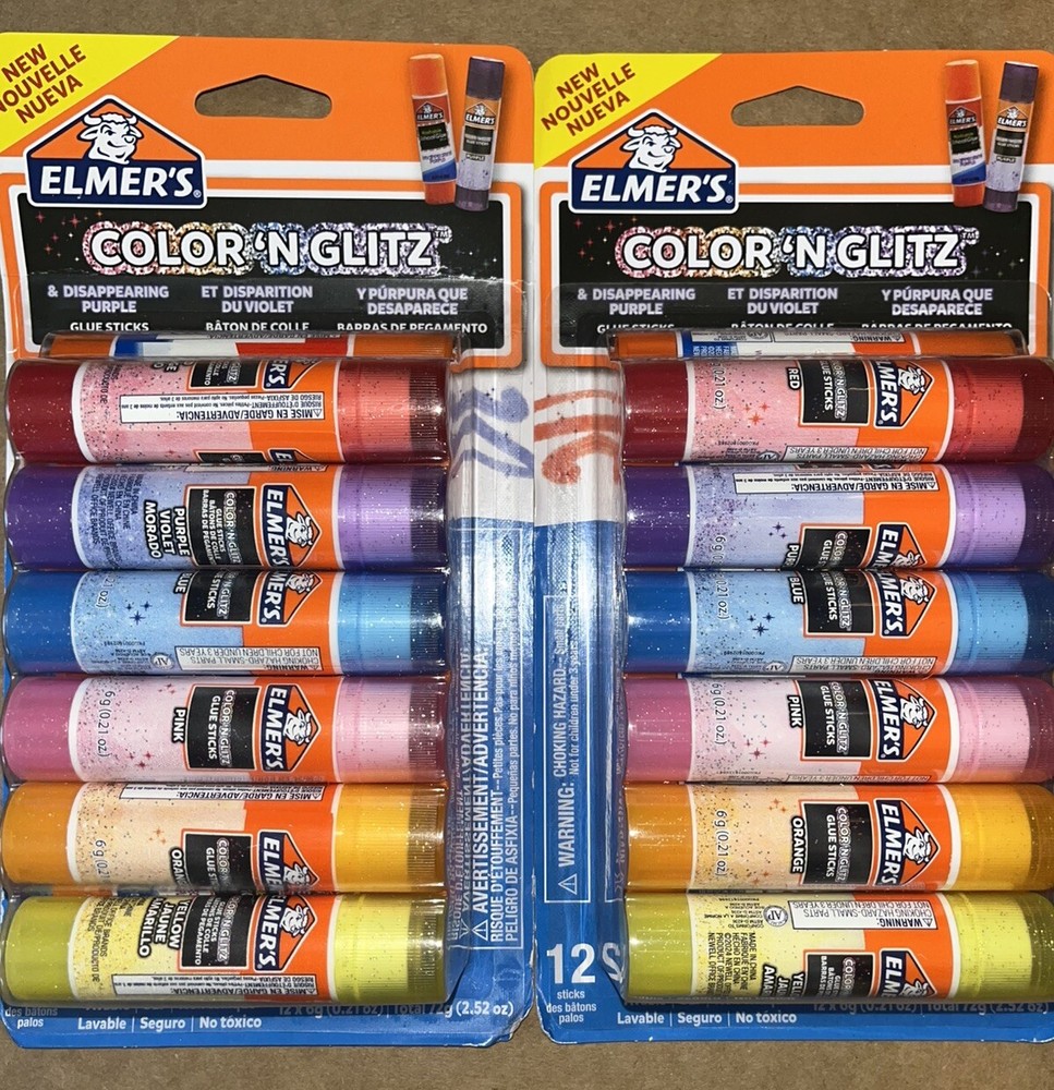 2 Pack Elmer's 12 Ct Washable Glue Sticks - Color 'N Glitz & Disappearing Purple