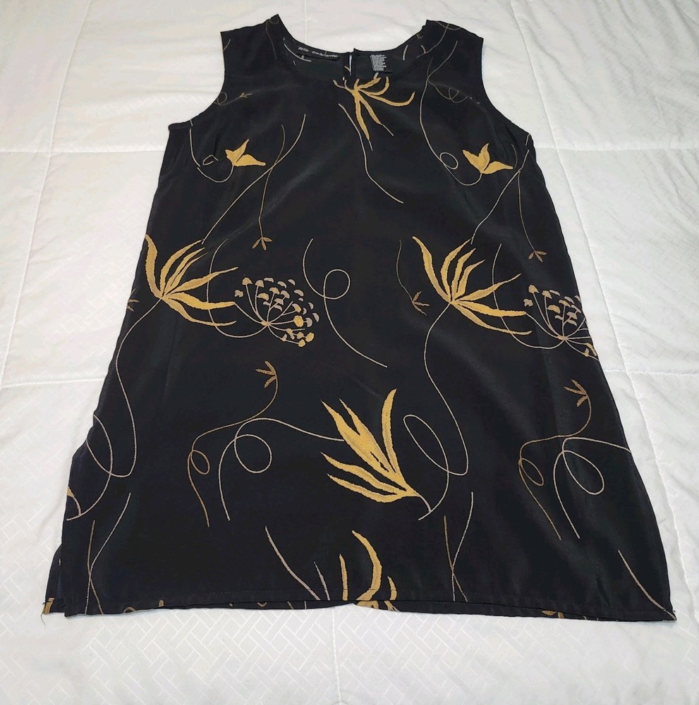 Mlle Gabrielle Midi Shift Dress Womens Sz M Black With Floral Print Side Slits