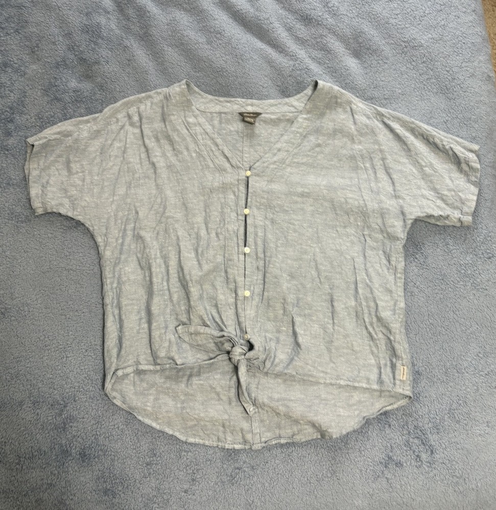Women’s Blue Eddie Bauer Linen Cotton Blend Button Up Blouse, Size M