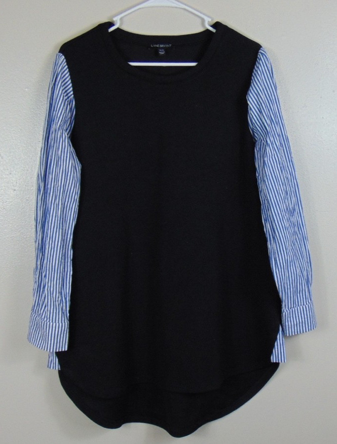 Lane Bryant Womens 14/16 Black Tunic Top Blue Striped Sleeves Career Plus Church