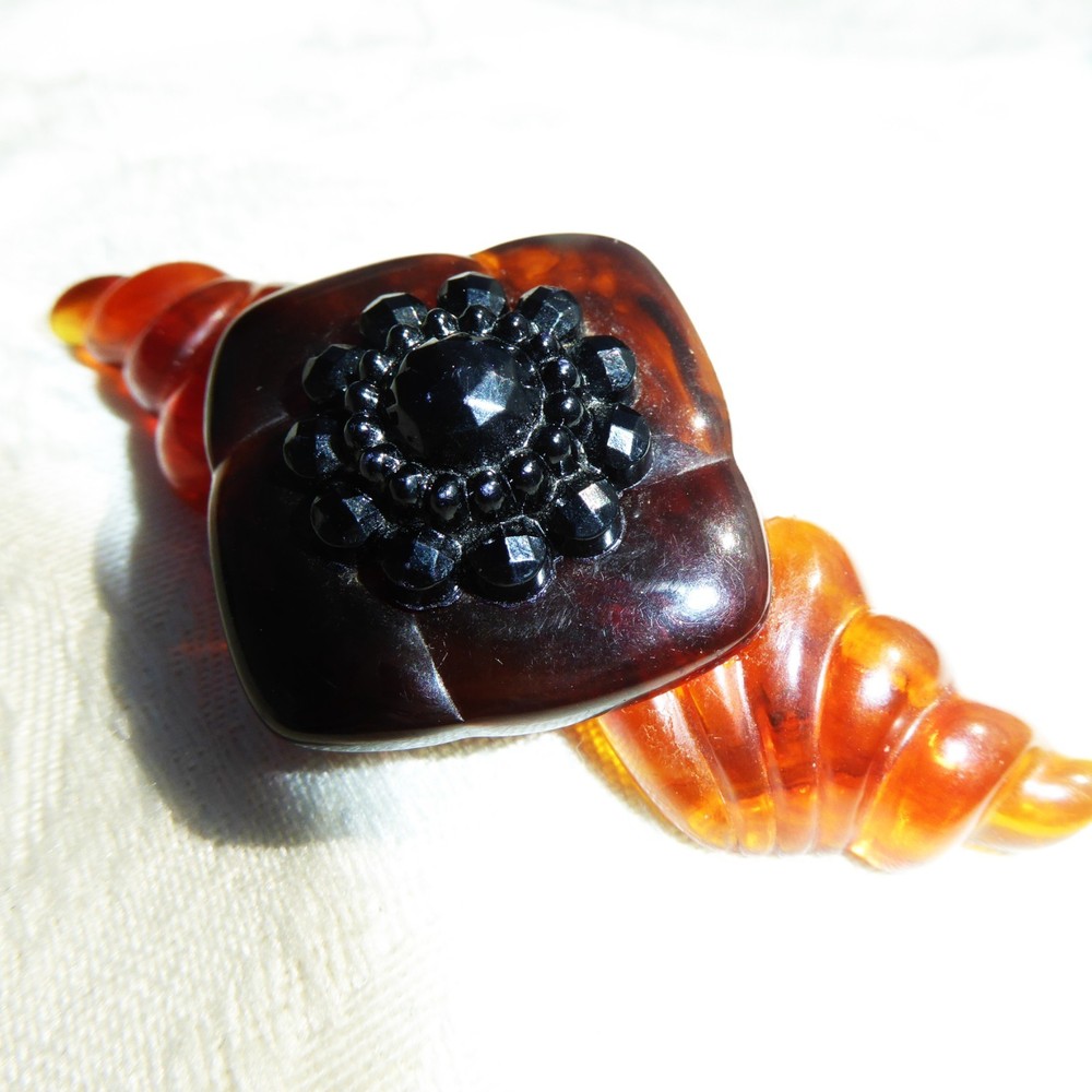 Beautiful Vintage Art Deco Inspired Celluloid Amber Black Color Brooch W/Wings