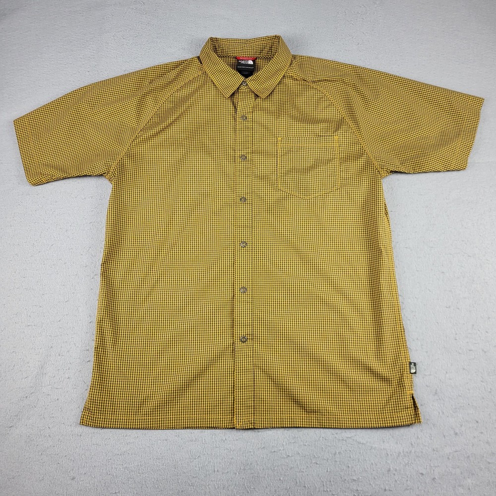 North Face Shirt Mens Medium Yellow Check Short Sleeve Button Up Hiking Outdoors