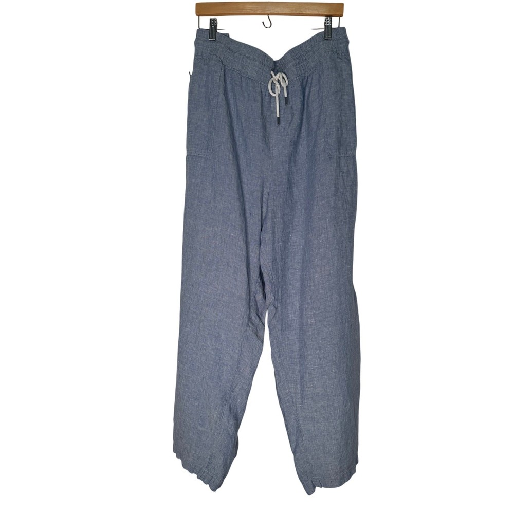 Athleta Womens Cabo Linen Wide Leg Blue Pull On Pants Size 26 Drawstring