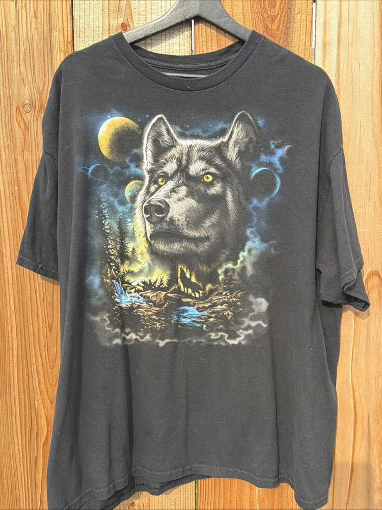 DOM Wolf Night Sky Shirt Mens 2XL Black Moon Graphic Tee Nature Scenic