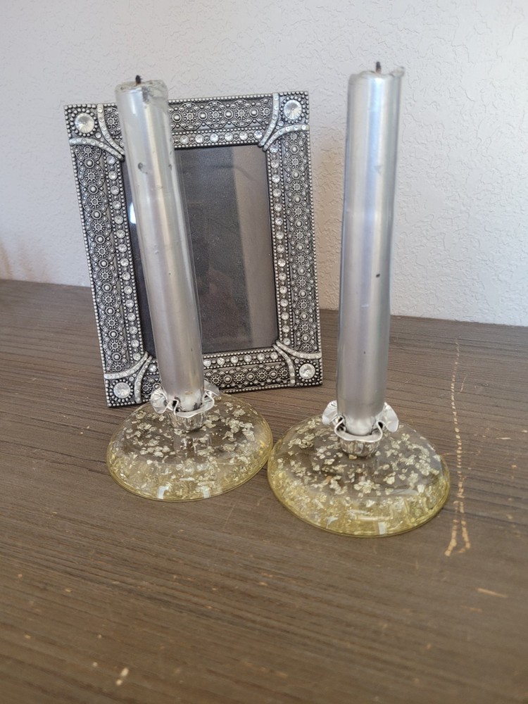 MCM Acrylic Lucite Candle Holders with Silver Fleck Vtg