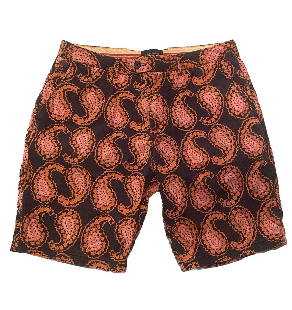 SCOTCH & SODA Couture Mens Shorts Cotton Orange Navy Paisley Pattern Size 32