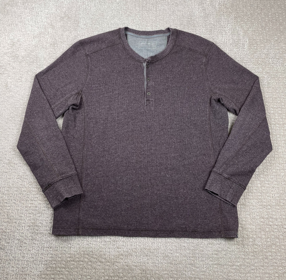 Eddie Bauer Shirt Mens L Henley Long Sleeve Brown Waffle Knit Thermal Base Layer