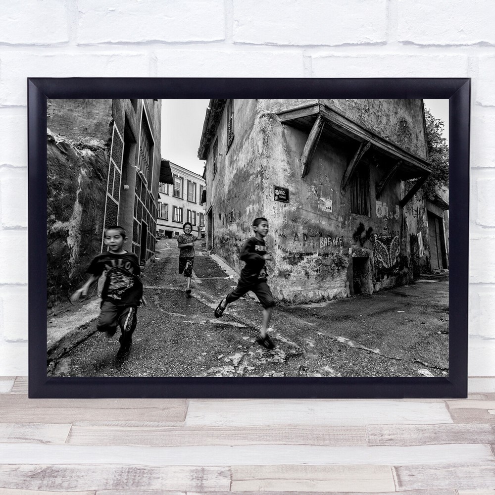 Super Triple Kids running in street Wall Art Print