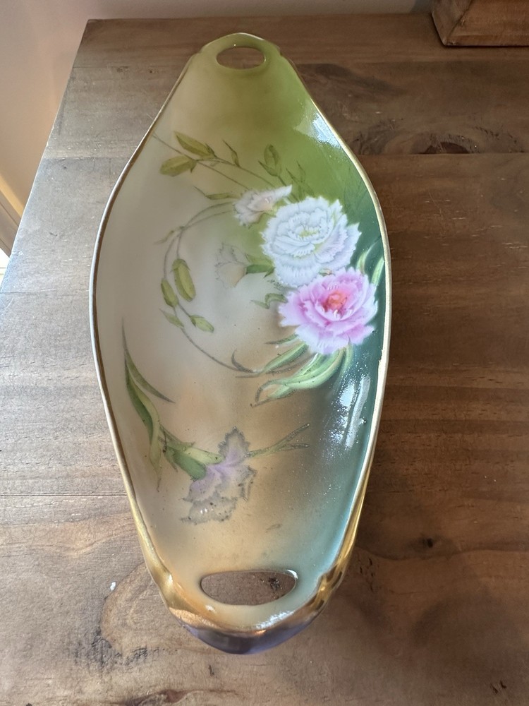 Vintage Bavaria Germany Hand Painted Floral Porcelain Dish 13”L