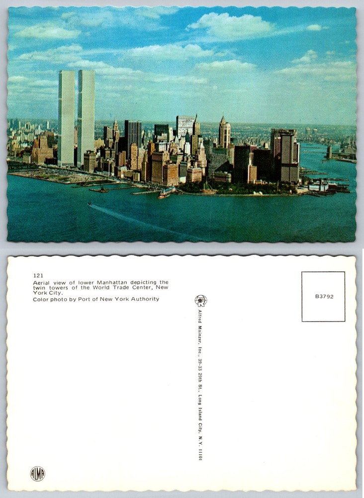 Vintage NYC World Trade Center Twin Towers Aerial View Postcard Alfred Mainzer