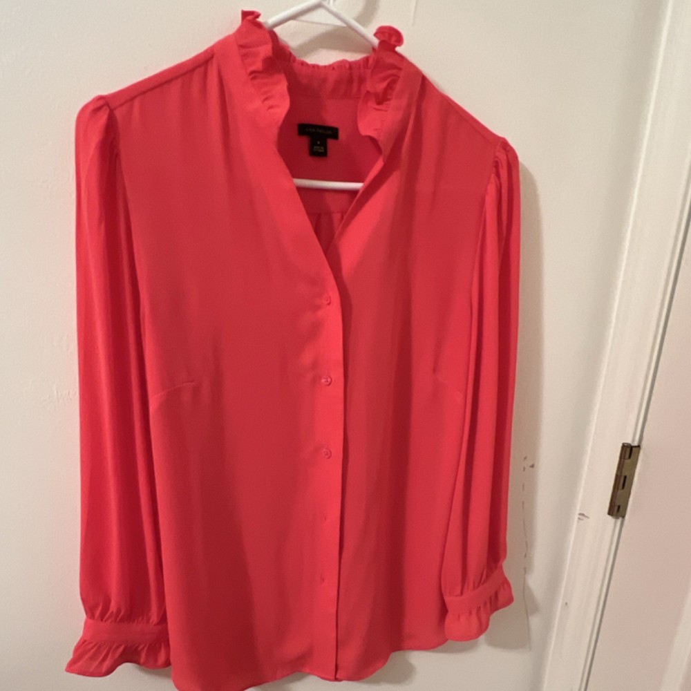 Ann Taylor Women's Pink Solid Ruffle High Neck Button Blouse Long Sleeve M