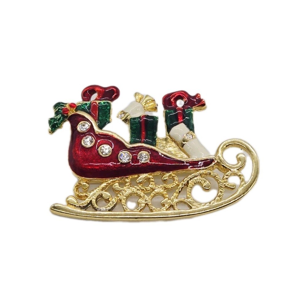 Santa Claus Sleigh Brooch Christmas Pin Holiday Jewelry Gold tone enamel Gift