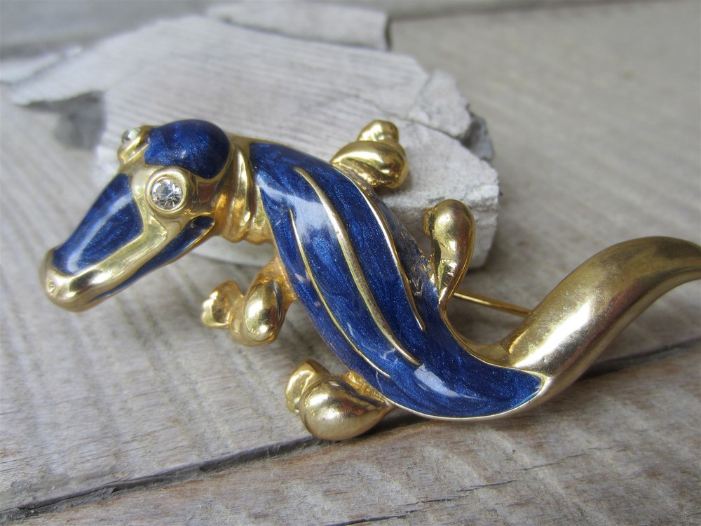 Vintage Blue Enamel & Rhinestone LIZARD Alligator Reptile Figural PIN Brooch