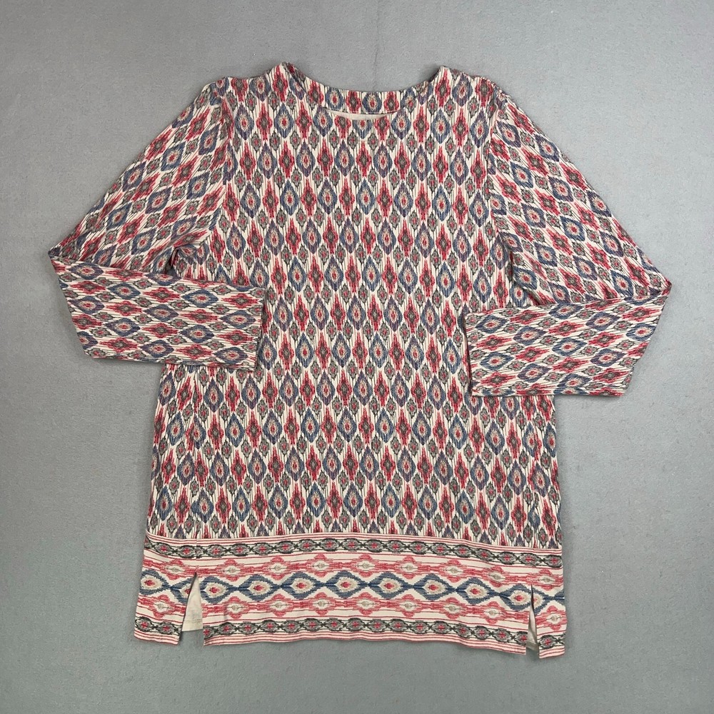 J Jill Shirt Womens Medium Blue Red Ikat Diamond Luxe Supima Forward Seam Tunic