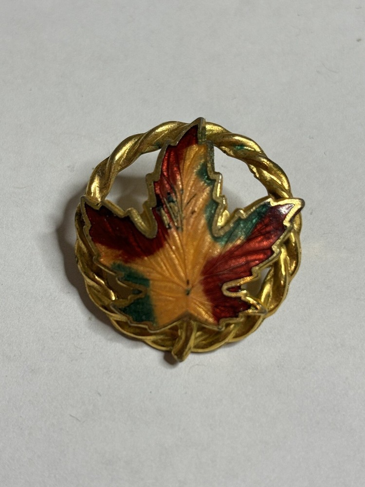 Vintage Enamel Leaf Pin Brooch Fall Colors Orange and Red Gold Tone
