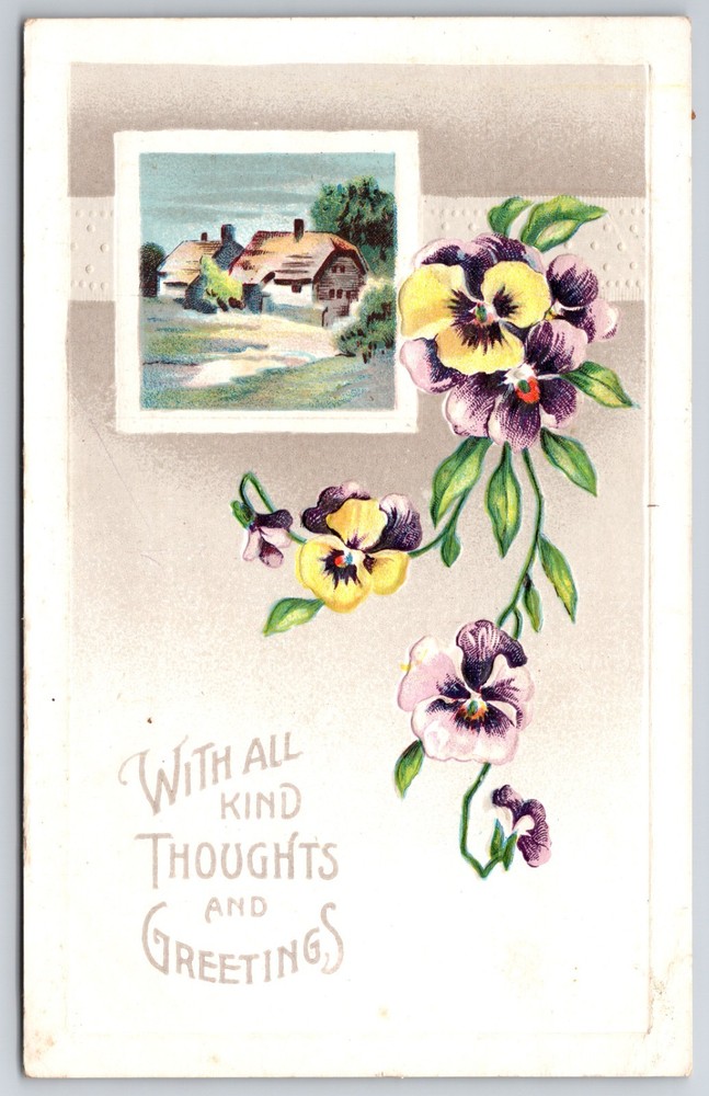 Cottage with Purple and Yellow Pansy Flowers Greetings c1912 Postcard