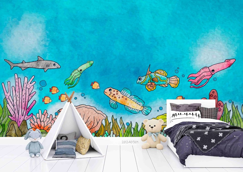 3D Underwater World Coral Fish Blue Wall Murals Wallpaper Murals Wall Sticker