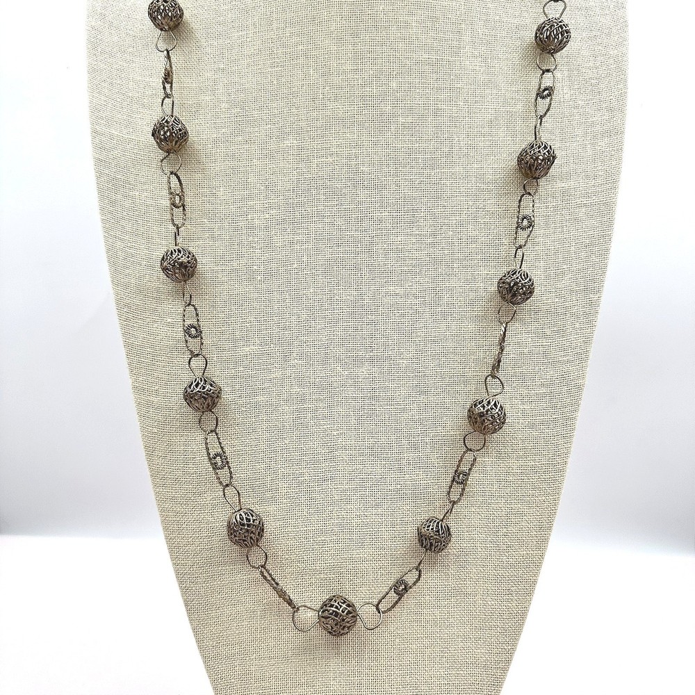Vintage 80s Silver Tone Filigree Mesh Ball Link Chain Necklace Boho Jewelry