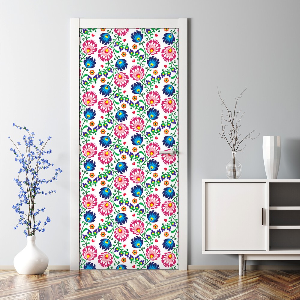 Colorful Pink & Blue Folk Polish Bubble-Free Door Sticker Wall Art Decal