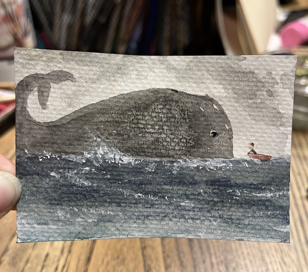 ACEO Original Unlikely Friend On The Grey Stormy Sea Watercolor Painting 3.5x2.5