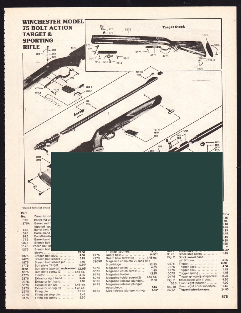1995 WINCHESTER Model 75 Bolt  Action Target Sporting Rifle Schematic Parts List