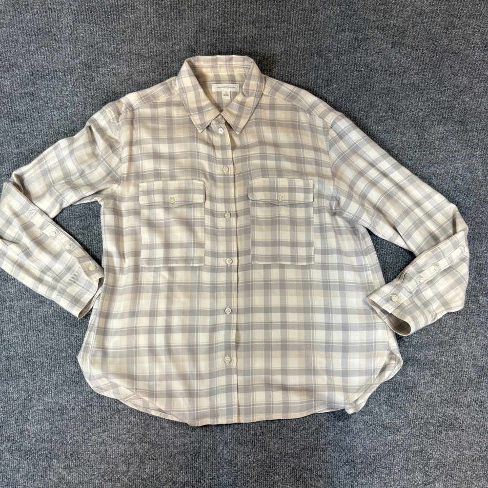 Treasure & Bond Classic White Plaid Button Up Shirt Women Size S Small