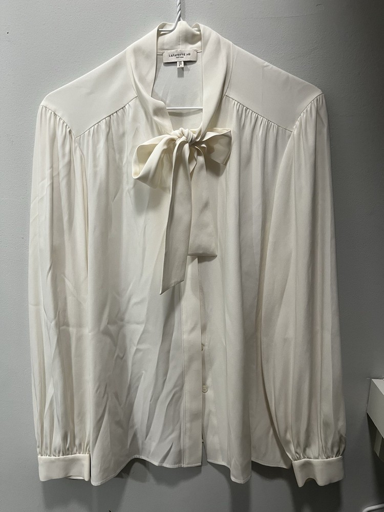 Lafayette 148 New York Silk Bow Tie Neck Blouse Ivory Long Sleeve Size L