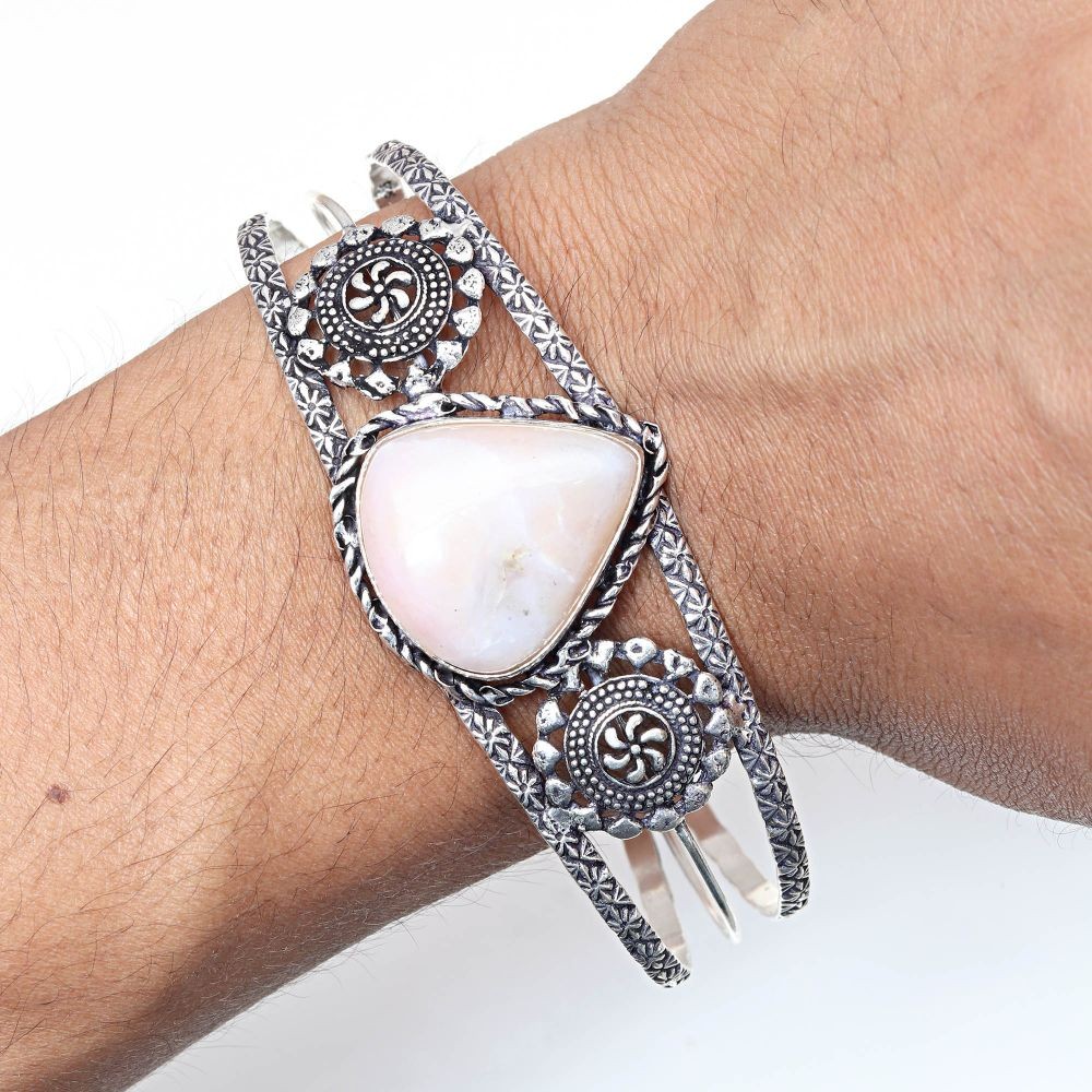 Pink Opal Antique Adjustable Cuff Bracelet 7 Inch Gemstone Jewelry