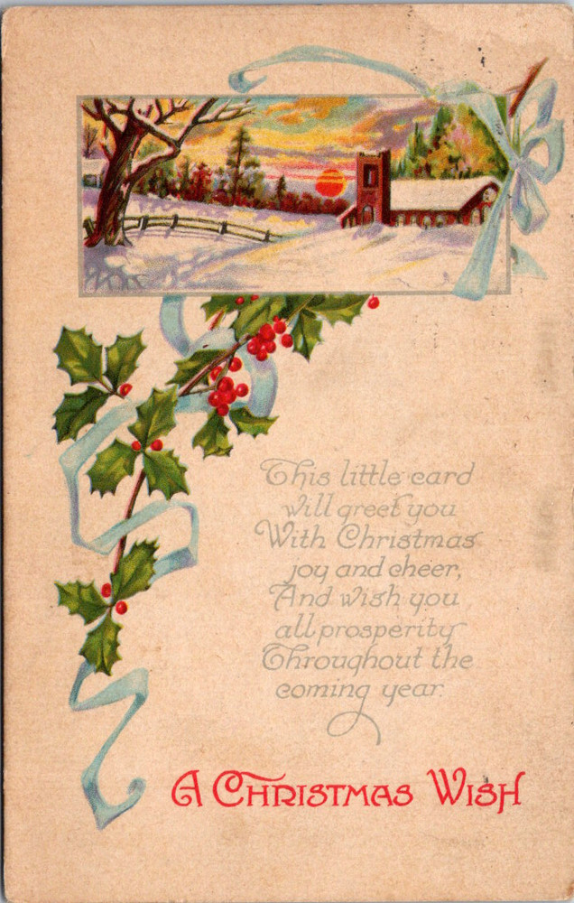 Vintage Postcard Thurstin Ohio Christmas Wish Winter Scene Holly Ribbon 1924