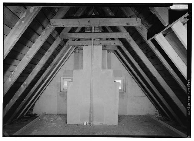 49. Interior view second floor, looking south gable enclosed fireplace, scale -