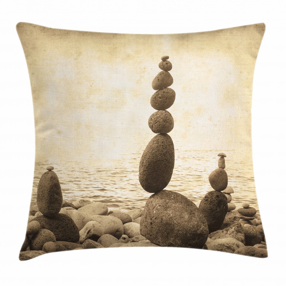 Zen Rocks Calm Sepia Art Beach Throw Pillow Case 18 Inch Square Cushion Cover