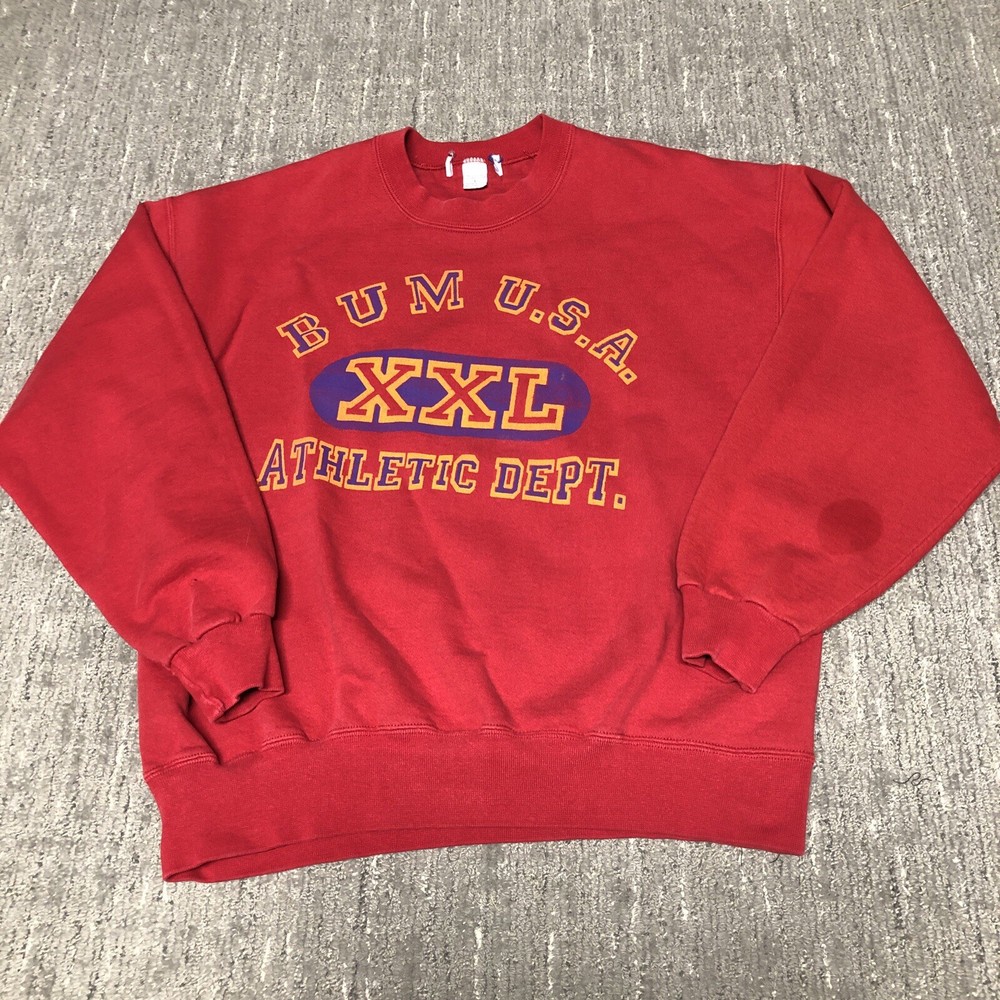 Vintage 90s BUM Equipment Athletic Dept. Crewneck Sweatshirt Mens L Red USA Made