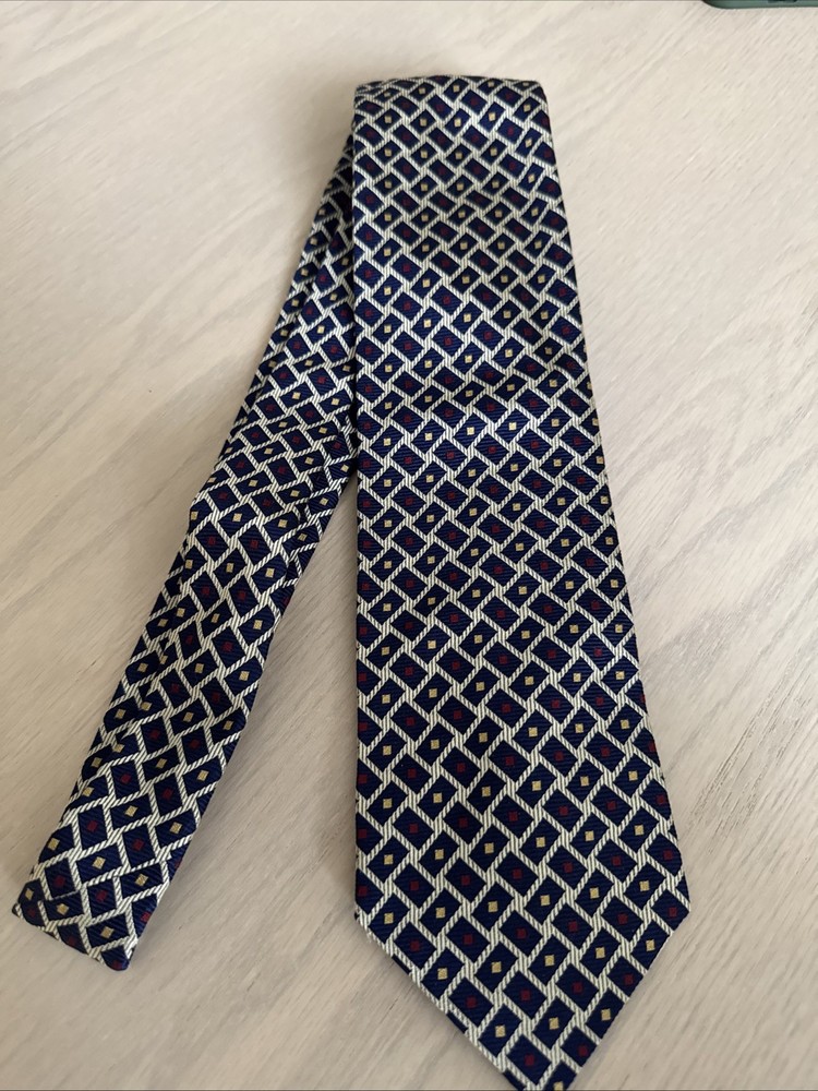 Bergdorf Goodman Men's Silk Blue Gold Printed Tie Made In England 3.75x56