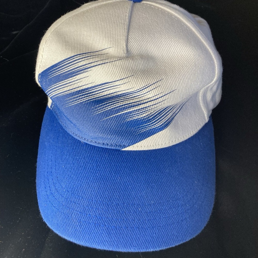 Vintage 90s Abstract Graphic Snapback Hat White Blue Speed Lines Trucker Cap-image