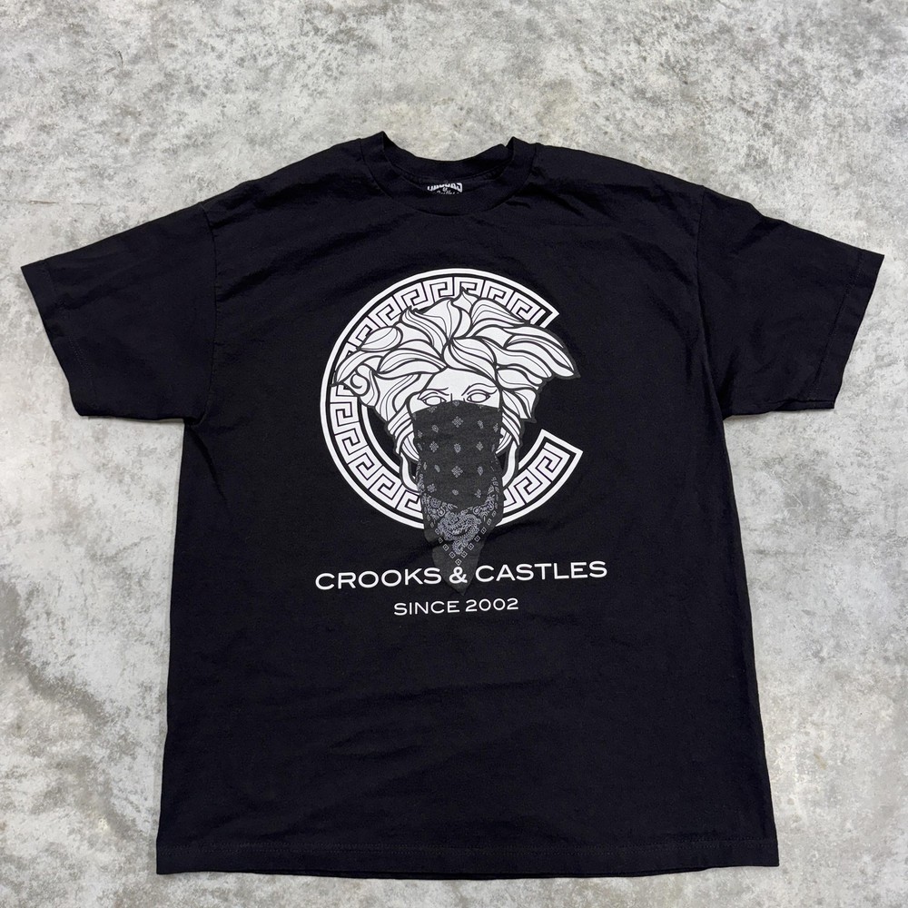 Crooks & Castles Shirt Mens Extra Large Black Graphic Medusa Greek Key Bandana