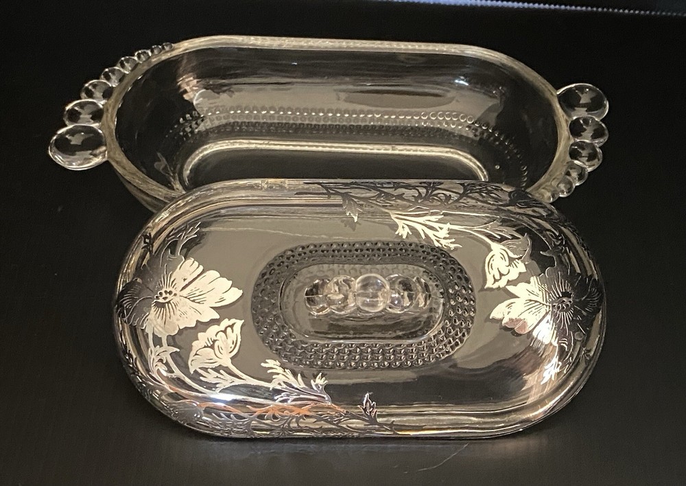 Vintage Duncan & Miller Butter Dish with Silver Floral Overlay