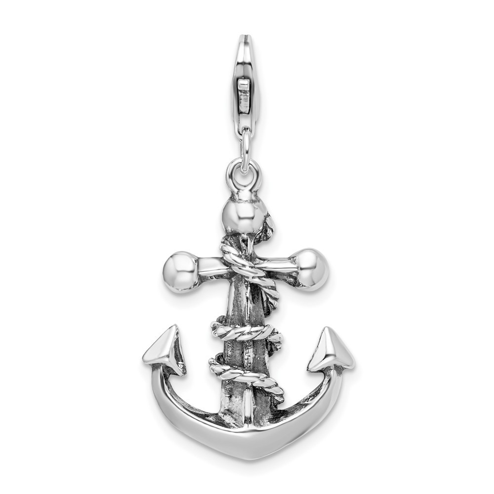 Sterling Silver Polished 3-D Antiqued Anchor and Rope Charm Pendant 3.74gm