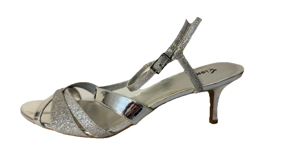 Fioni Patent Glitter Strappy Silver Faux Leather Heels Women’s Size 11 Shoes