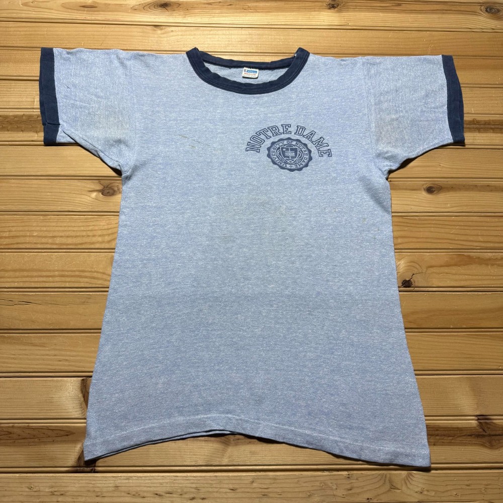 Vintage 70s University of Notre Dame Crest Collegiate Ringer T-Shirt - Medium