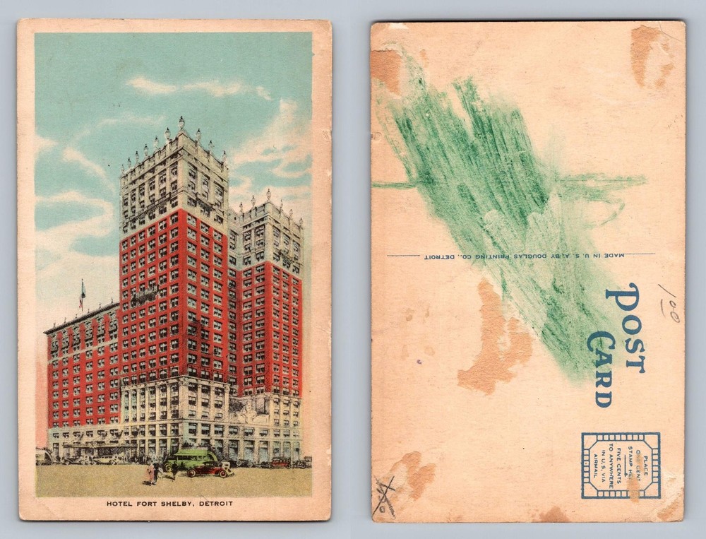 Detroit, MI-Michigan, Hotel Fort Shelby Street Scene Cars View Vintage Postcard
