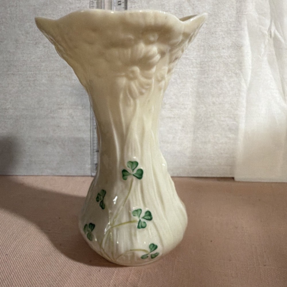 Vintage Belleek White & Green Porcelain Shamrock Vase, Glossy Decorative Finish