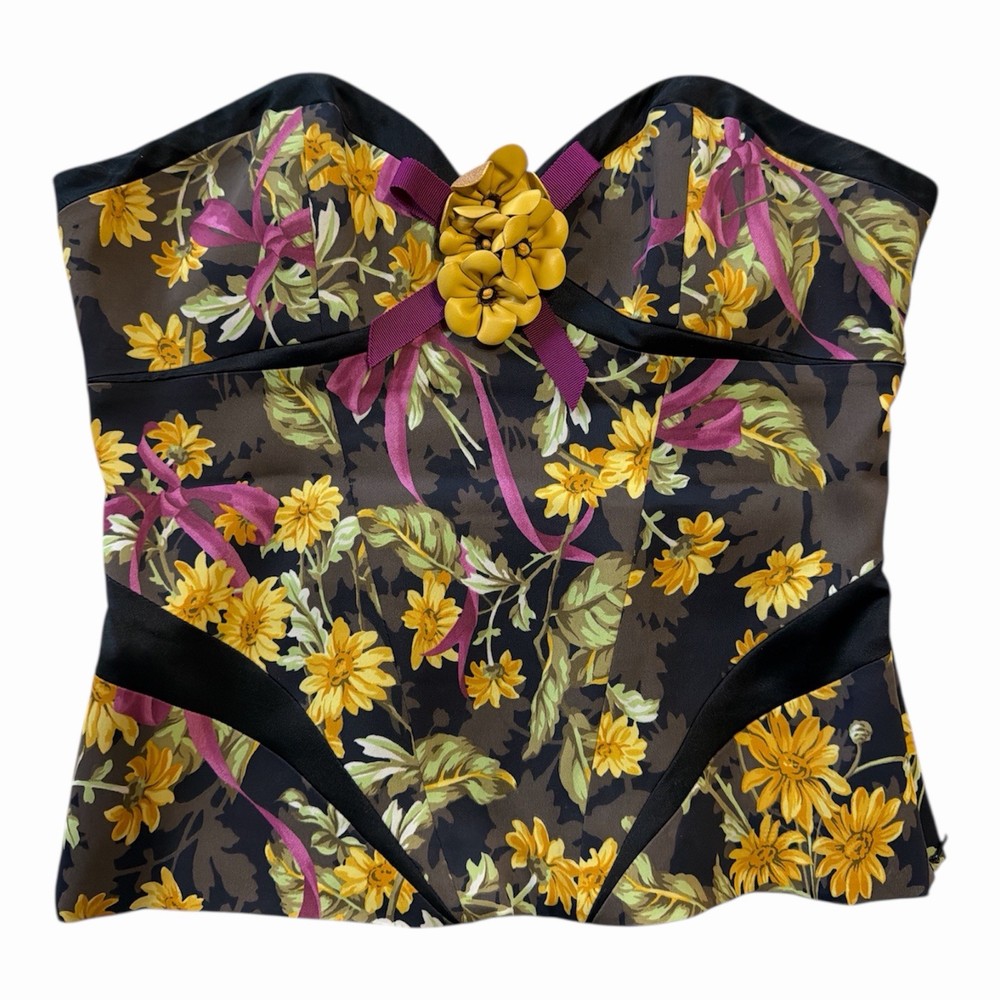 KAREN MILLEN Silk mix Corset Top fits 6-8 label UK 12 Floral Print 3D Flower Y2K