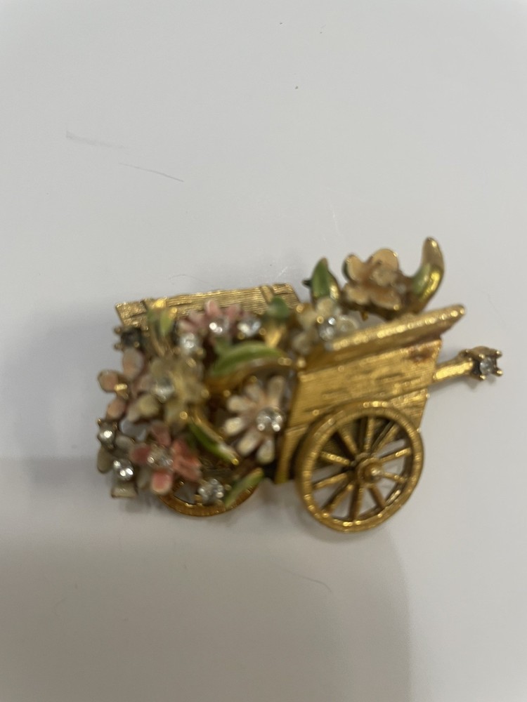 Vintage Signed BSK Enamel Flower Cart Wheel Barrel Brooch