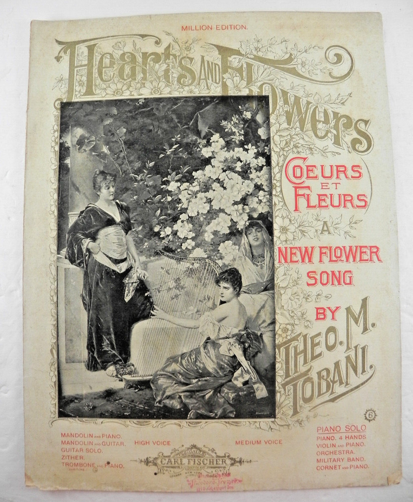 Hearts and Flowers 1893 Antique Sheet Music Large Format Wonderful Cover!