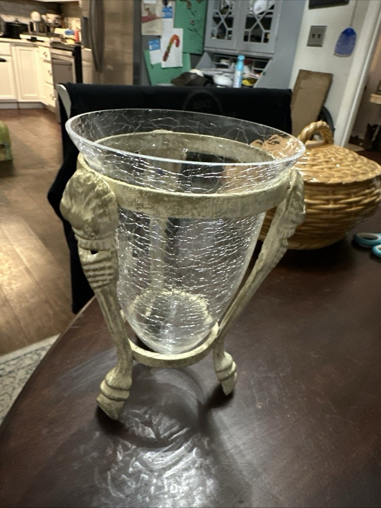 Vintage Three Footed Cast Iron Stand with Crackle Glass Candle Holder